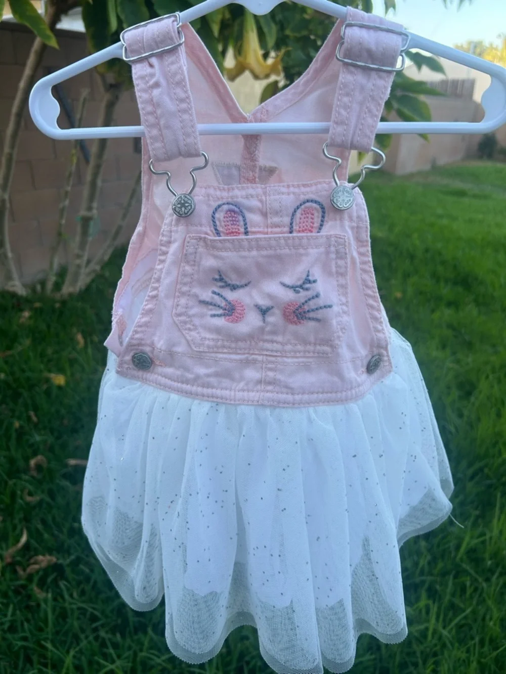 OshKosh B'gosh Pink & White Tulle Overall Dress with Bunny Embroidery